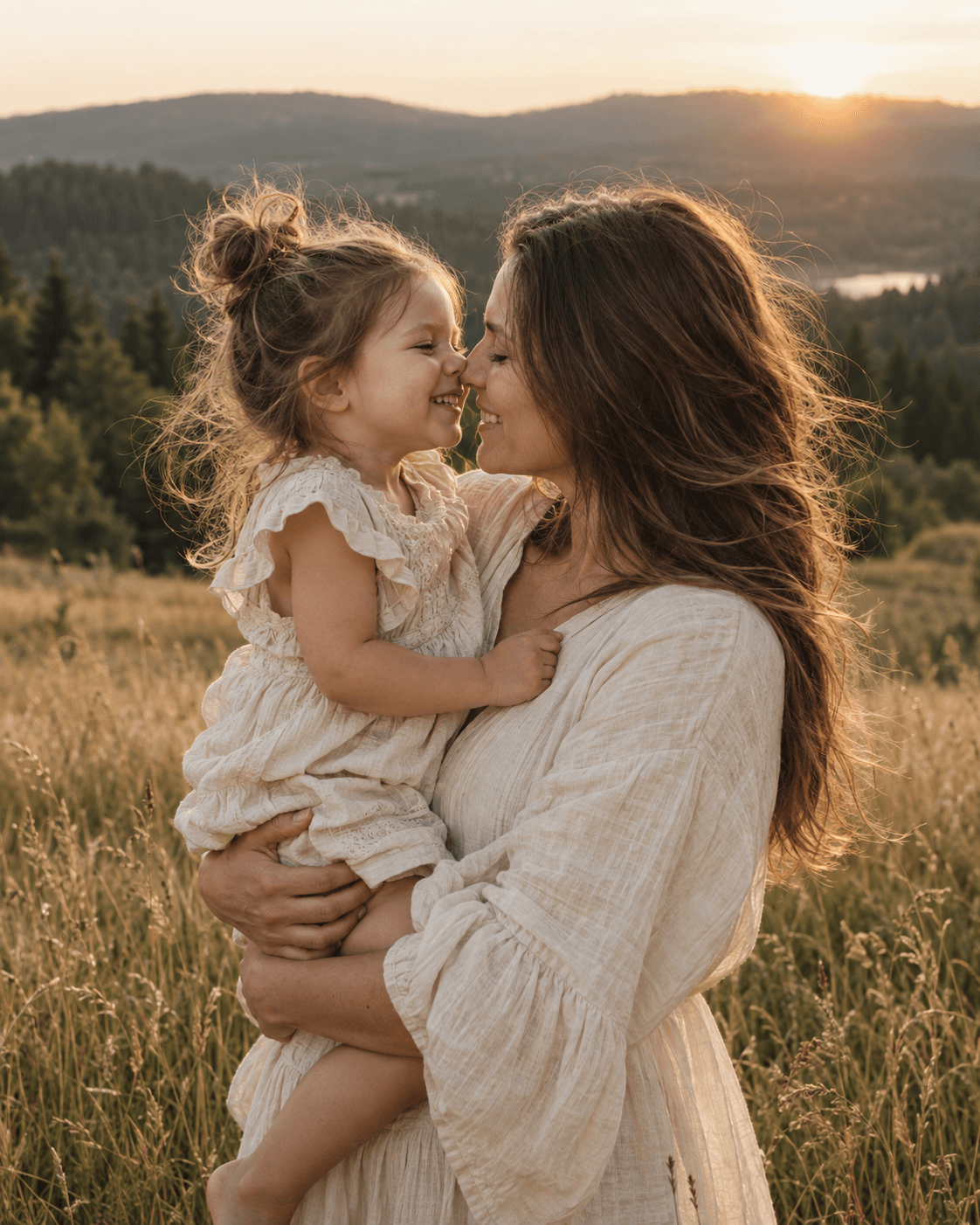 A mother and daughter sharing a quiet moment during an outdoor portrait session